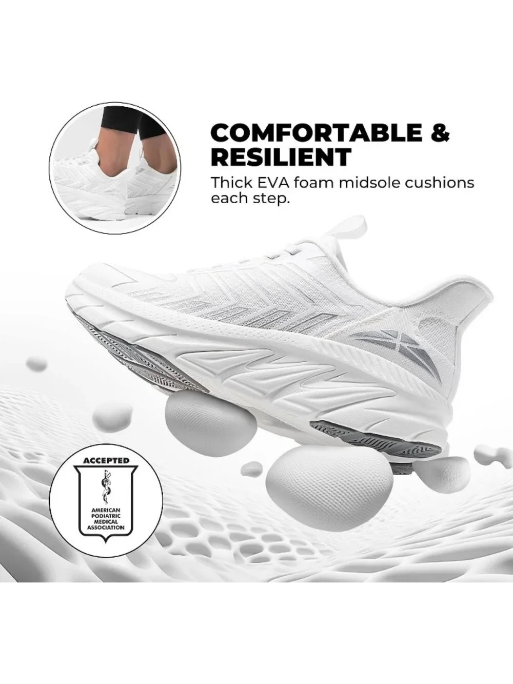 Women's White Walking Shoes Non Slip Pull On Round Toe Athletic Tennis Sneakers